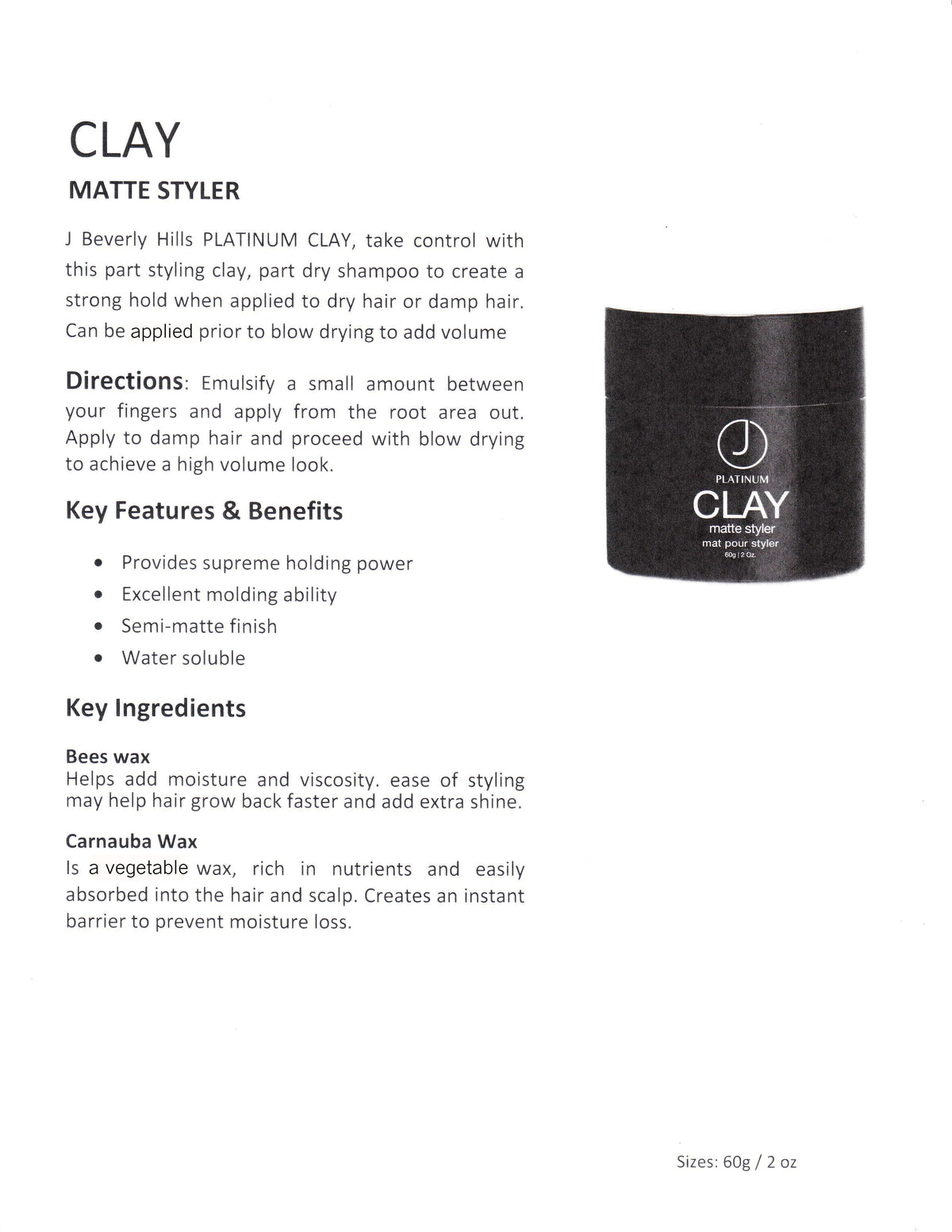 J Beverly Hills Platinum Clay Matte Styler 2.0oz